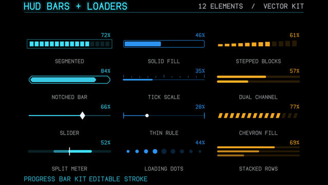 HUD - futuristic user interface elements for GUI, UI, UX, KIT. Futuristic user interface graphic box for UI. Vector kit sheet of 12 progress bars, loaders and sliders on black, editable futuristic