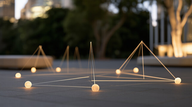 Illuminated Geometric Light Installation Display at the Lumiere Festival in a Public Plaza Setting