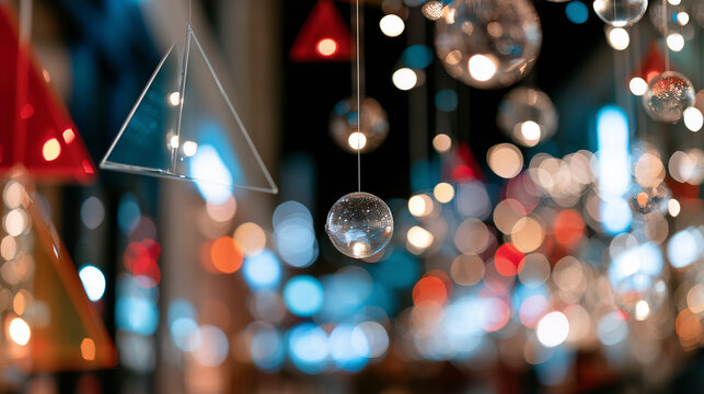 Abstract Geometric Decorations And Glowing Bokeh Lights At The Lumiere Festival Atmosphere