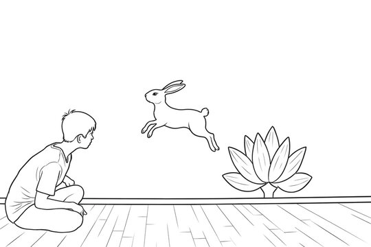 Boy watching leaping rabbit beside lotus &mdash; serene, symbolic atmosphere of Mid-Autumn Festival and harmony between human and nature