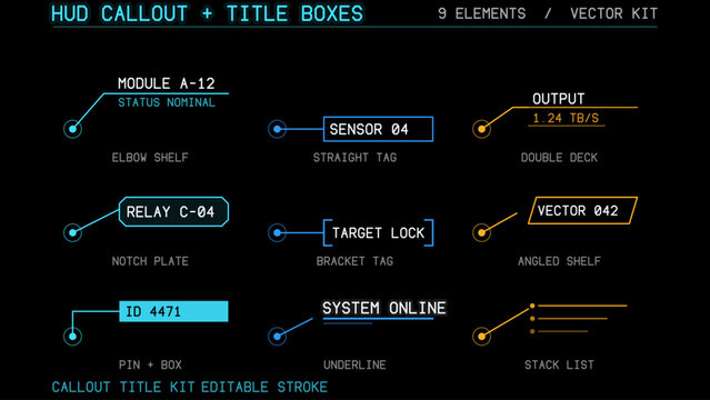 Sci-fi digital interface HUD elements mega set pack. User Interface, frame screens. Callouts titles, FUI. Vector kit sheet of 9 HUD callout titles and annotation shelves on black, editable sci fi