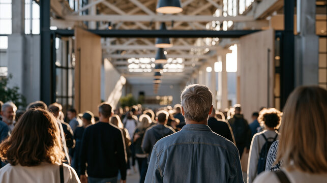 Customer greeter coordinates crowd flow at converted industrial venue, diverse group of visitors streaming through repurposed warehouse entrance during commercial property open