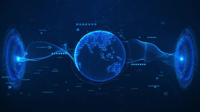 Tall global data energy visual blue holographic globe, twisting light stream, and circular portal interface. vertical tech posts, worldwide network clips, AI intros, digital promos, motion graphics.