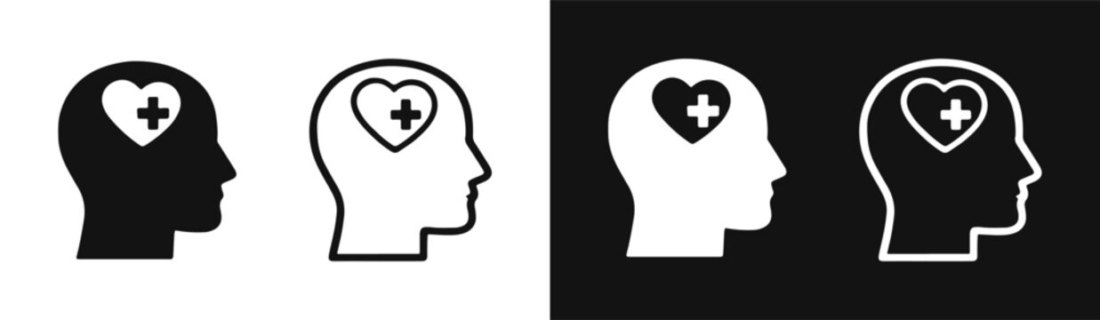 Mental health and healthy mind icon set, medical psychology, brain wellness symbols, vector icons