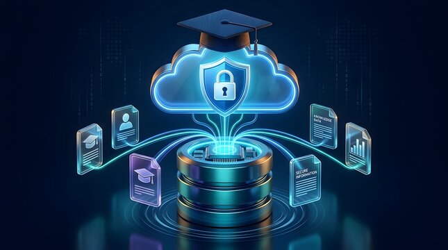 Secure cloud education concept with a graduation cap over glowing data storage, representing protected online learning, digital knowledge, and academic information management.