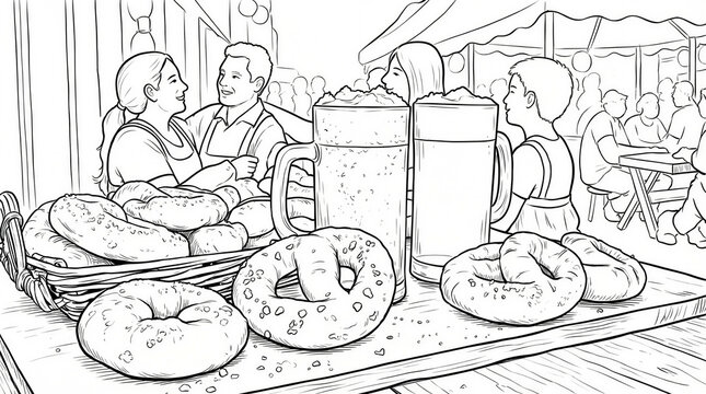 Table with Bavarian pretzels and beer mugs at lively Oktoberfest &mdash; joyful, bustling festival atmosphere