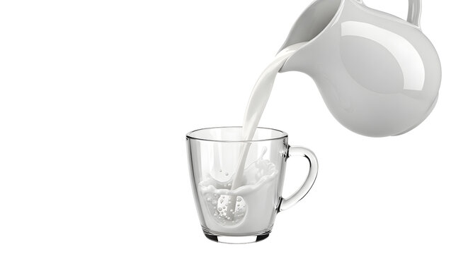 Fresh white milk pouring from a ceramic pitcher into a clear glass cup