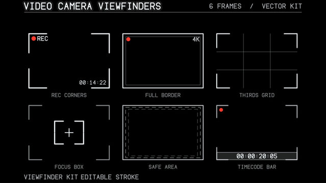 Video camera viewfinders. Recording view frame, cinema rec viewing screen and dslr cam viewfinder. Video. Vector kit sheet of 6 video camera viewfinder frames on black, editable recording screen