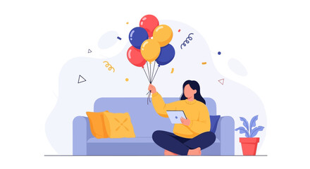 Obraz premium Woman with Balloons and Tablet Sitting on Sofa, Celebrating Indoors