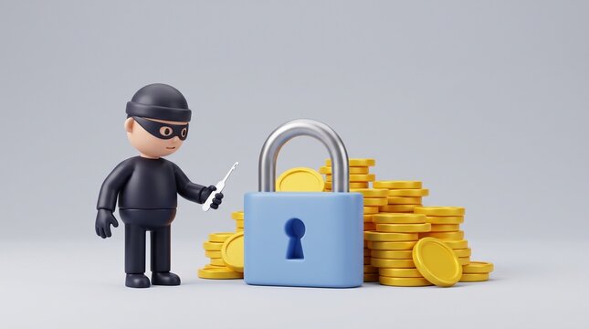 Cybersecurity concept with 3D burglar character, blue padlock protecting gold coins, financial data security and theft prevention illustration