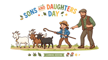 Naklejka premium Young girl learning goat herding skills from experienced farmer in rural agricultural setting for educational day