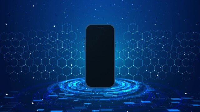 Blank mobile app mockup visual dark phone display, blue hexagon network, futuristic glowing stage. for UI previews, product launches, online service promos, software screens, and motion graphics.