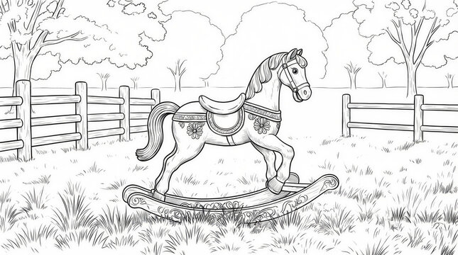 Wooden rocking horse in countryside yard &mdash; nostalgic childhood and cozy warmth