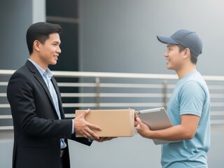 Fototapeta premium A professional businessman in a suit receiving a package from a delivery courier holding a digital tablet for signature