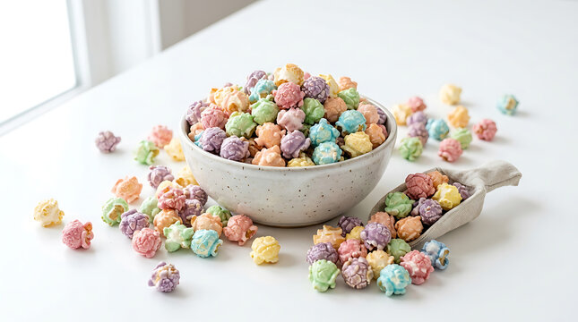 Colorful gourmet popcorn in a bowl. Sweet candy coated snack for parties and celebrations.