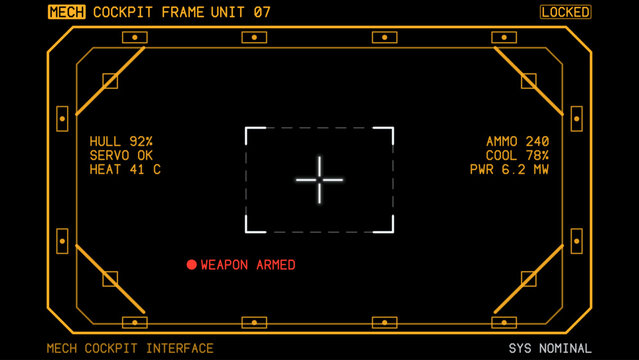 Three-dimensional interface technology, science fiction scene. Mech cockpit window frame on black with armoured surround, bolt plates and hydraulic struts, sci fi vehicle interface template