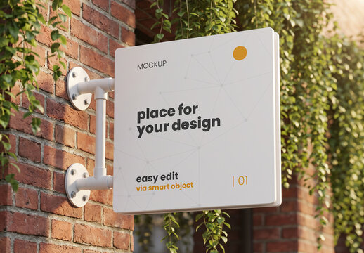 Square Metal Sign attached to Brick Wall Mockup