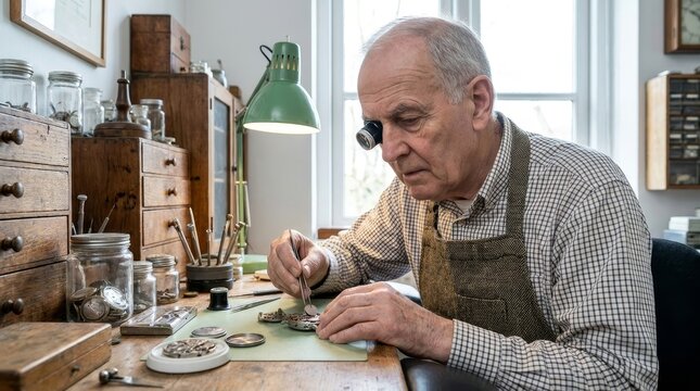 Senior Watchmaker Repairing Vintage Mechanical Watch in Traditional Workshop