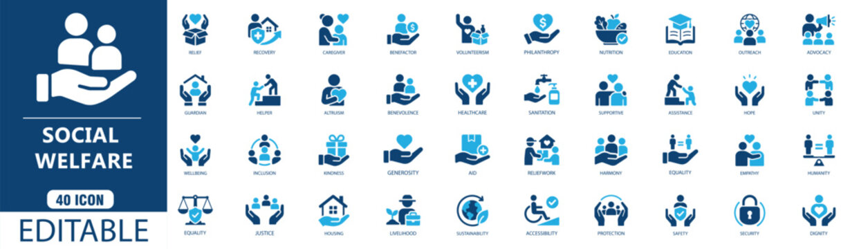 Set of 40 social welfare and charity icons, vector illustration, flat design, professional icons for nonprofit organizations, community support, humanitarian aid, and social services