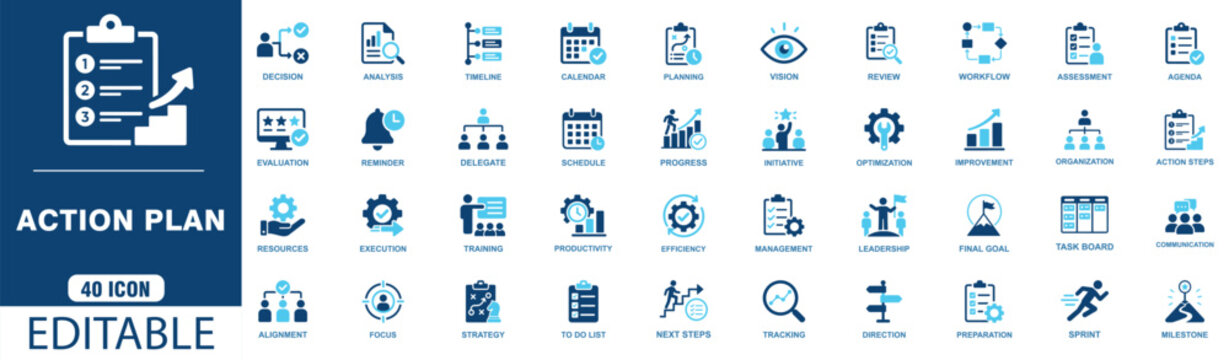 Set of 40 action plan and business management icons, vector illustration, professional business strategy and project planning symbols for web and app design