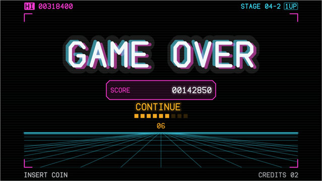 Game over fantastic computer background with glitch noise retro effect vector screen. Retro game over screen on black with chromatic headline, score plate and continue countdown, arcade interface