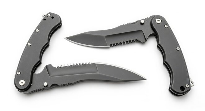Two tactical folding knives with serrated blades displayed on a clean white surface