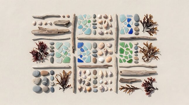 Oceanic route planner concept visualized with an organized collection of beach treasures including sea glass, seashells, and driftwood arranged neatly