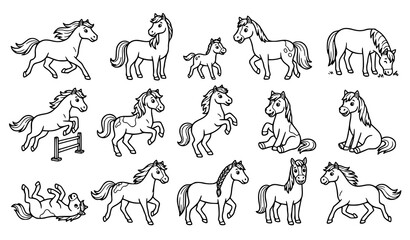 Hand Drawn Horse Collection with Running Standing Walking and Grazing Equine Line Art Icons © MstNadiya