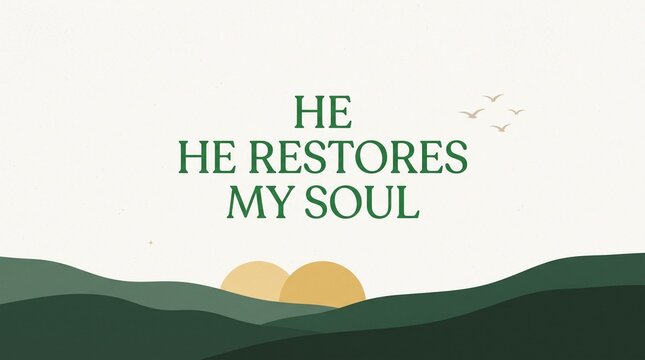 Hopeful text he restores my soul with nature background