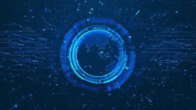 Global data transfer interface visual cyan earth sphere, moving arrows, and circuit routes across a dark digital field. telecom clips, cloud services, software promos, analytics screens, motion
