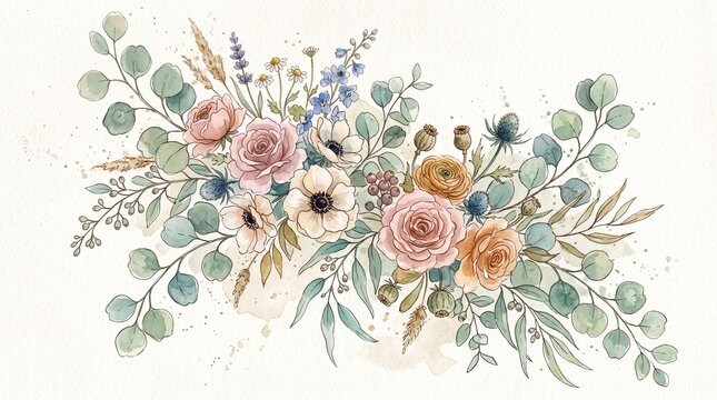 Boho watercolor flowers. Hand drawn eucalyptus leaves. Illustration composition.