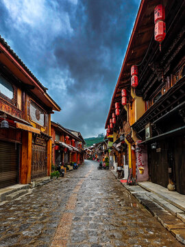 Rainy Old Street in Traditional Chinese Heritage Village