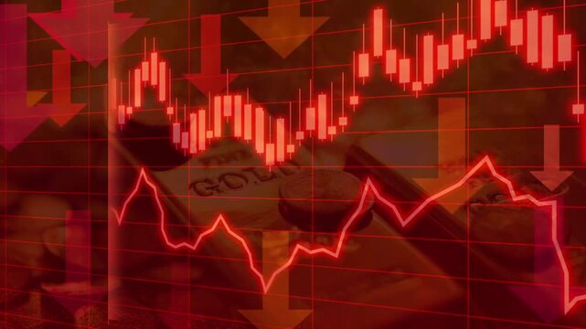 Red glowing line graph and candlesticks trending downwards over blurred gold coins. Symbolizes bear market, financial crisis, and wealth devaluation.