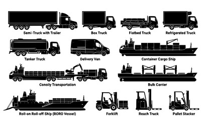Obraz premium Logistics Transportation Silhouette Set with Trucks Cargo Ships and Forklifts Vector