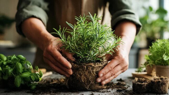 Person gently holding, planting rosemary herb with visible roots, emphasizing organic gardening at home. Indoor greenery, eco friendly practices promote wellness, natural beauty in everyday life