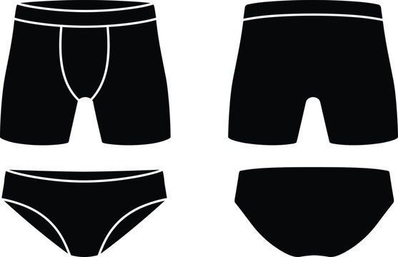 Set of black men underwear icons, front and back views of boxer shorts and briefs vector illustration