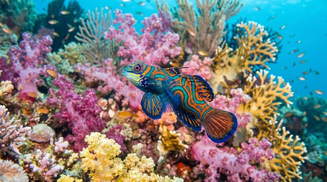 Mandarin Fish Amidst Coral Reef: A vibrant Mandarin fish navigates through a kaleidoscope of colorful coral, showcasing its intricate patterns and iridescent scales in the deep blue ocean.