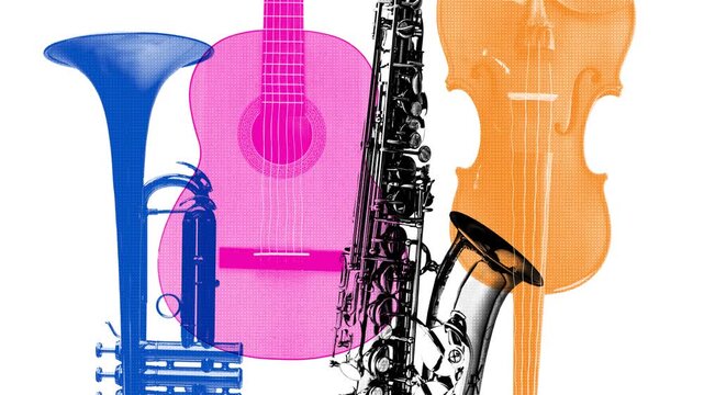 Colorful trumpet guitar saxophone and violin moving in stop motion collage. Concept of music festival advertising, instrument education, creative cultural promotion.