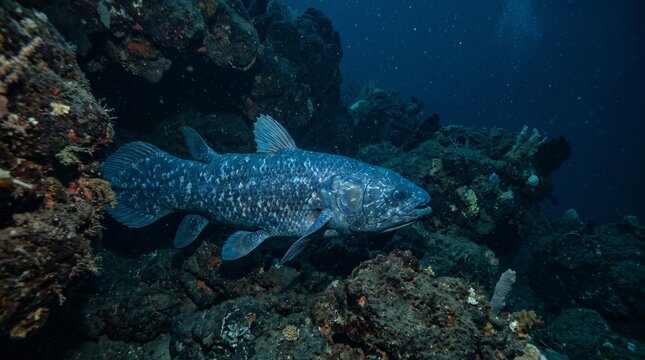 Living Fossil Coelacanth: An ancient Coelacanth, a rare lobe-finned fish often called a living fossil, navigates through the deep, dark underwater environment, surrounded by rocky coral formations.