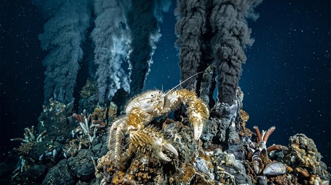 Hydrothermal Vent Explorer: A mysterious yeti crab thrives in the extreme depths near a volcanic black smoker, showcasing the resilience of life in Earth's darkest ocean frontier.