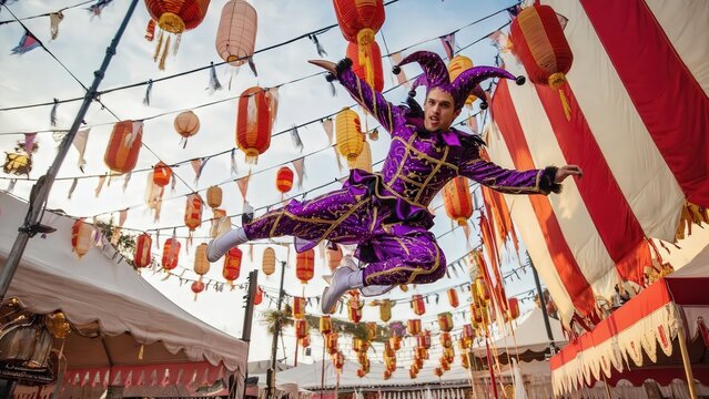 Dynamic Jester Leaps Mid-Air Amidst Festive Lanterns, Creating a Vibrant Celebration and Entertainment Scene
