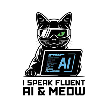 Cool black cat wearing futuristic glasses with an ai tablet isolated on transparent background