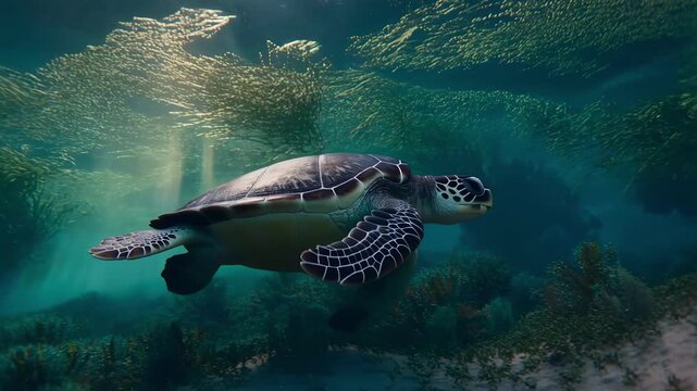 Graceful green sea turtle swimming through coral reef underwater scenery with bathed natural sunlight filtering through water gracefully gliding