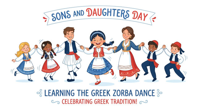 Diverse group of children in traditional Greek costumes dancing the Zorba dance