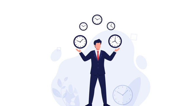 Businessman juggling clocks representing time management, deadlines, and multitasking in a modern flat vector illustration.
