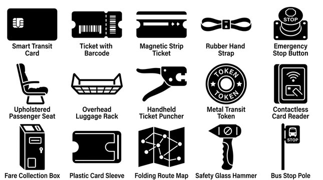 Public Transit Ticketing Fare Collection Smart Card Token and Passenger Amenities Icons