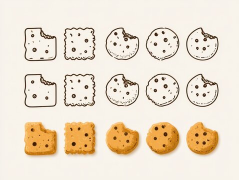 Set of various cookies with bite marks, including square and round shapes, handdrawn sketch style and realistic textured illustrations isolated on white background