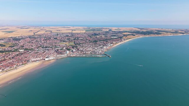 Aerial view of Bridlington town and harbour in East Yorkshire, UK on sunny day