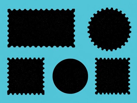 Collection of black postage stamp shapes with perforated edges, various rectangular and circular frames, flat vector icons for design projects, isolated on cyan background