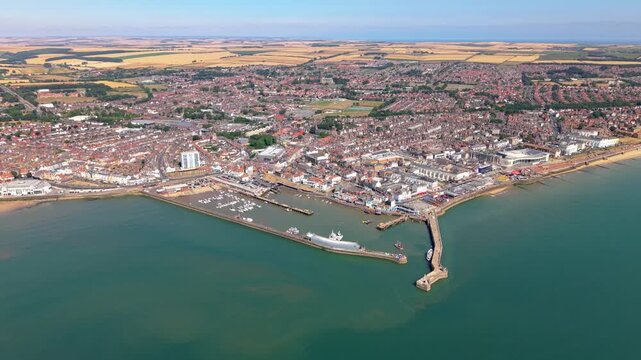 Aerial view of Bridlington town and harbour in East Yorkshire, UK on sunny day